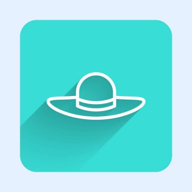White line Elegant women hat icon isolated with long shadow background. Green square button. Vector.