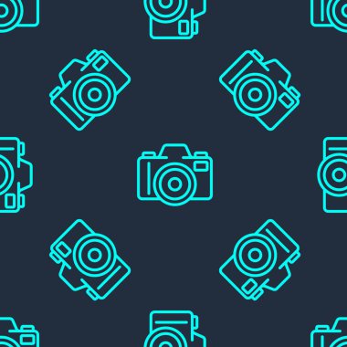 Yeşil çizgi fotoğraf makinesi ikonu mavi arkaplanda kusursuz desen izole etti. Foto kamera. Dijital fotoğrafçılık. Vektör.