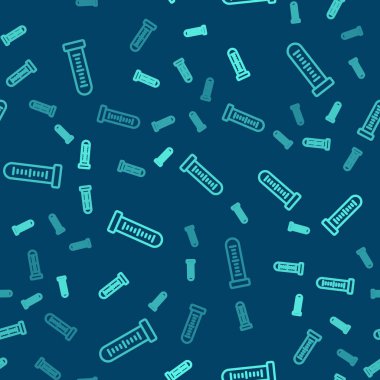 Yeşil çizgi test tüpü ve matara kimyasal test ikonu mavi arka planda izole edilmiş pürüzsüz desen. Laboratuvar cam levhası. Vektör.