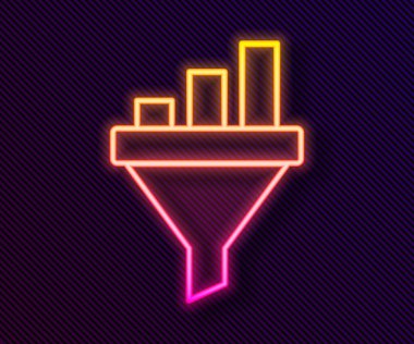 Glowing neon line Sales funnel with chart for marketing and startup business icon isolated on black background. Infographic template. Vector.
