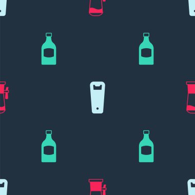 Set Beer tap, Bottle opener and bottle on seamless pattern. Vector.