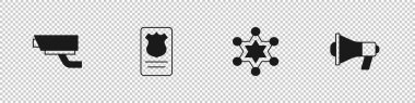 Set Security camera, Police badge with id case, Hexagram sheriff and Megaphone icon. Vector.