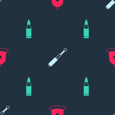 Set British police helmet, Telescopic baton and Bullet on seamless pattern. Vector.