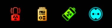 Set Radioactive warning lamp, Dosimeter, Nuclear energy battery and Electrical outlet icon. Vector.