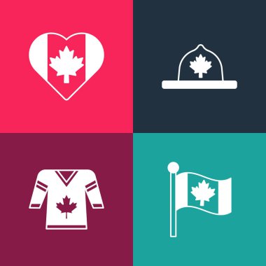 Set pop art Flag of Canada Hockey jersey Canadian ranger hat and Heart shaped flag icon. Vector.