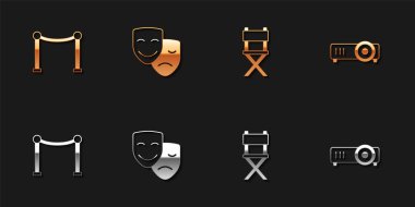 Set Rope barrier Comedy and tragedy masks Director movie chair and Movie film media projector icon. Vector.
