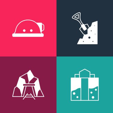 Set pop art Mine entrance Shovel and stone and Miner helmet icon. Vector.