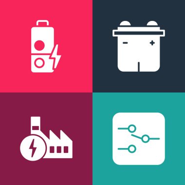 Set pop art Switch in electronic circuit Nuclear power plant Car battery and Battery charge icon. Vector.