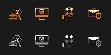 Set Car damaged by fallen tree Insurance online Lifebuoy hand and Briefcase with shield icon. Vector.