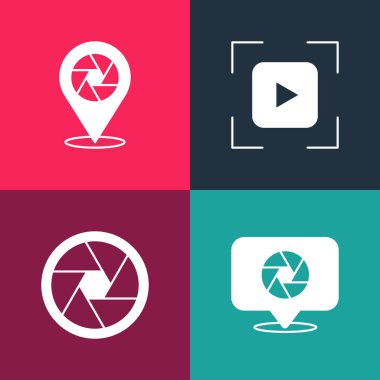 Set pop art Camera shutter focus frame line and icon. Vector.