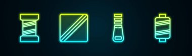 Set line Sewing thread, Pattern, Zipper and . Glowing neon icon. Vector.