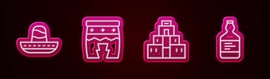 Set line Mexican sombrero, Huehuetl, Chichen Itza in Mayan and Tequila bottle. Glowing neon icon. Vector.
