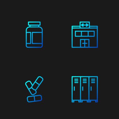 Set line Locker or changing room, Vitamin pill, Sports nutrition and Gym building. Gradient color icons. Vector.