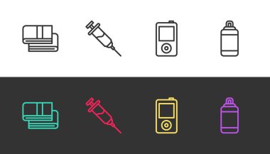 Set line Towel stack, Doping syringe, Music player and Punching bag on black and white. Vector.