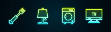 Set line Fork, Table lamp, Washer and Smart Tv. Glowing neon icon. Vector.
