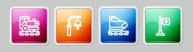 Set line Vintage locomotive, Train station bell, High-speed train and Road traffic signpost. Colorful square button. Vector.