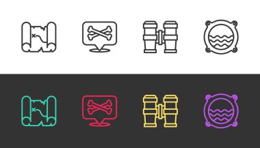 Set line Pirate treasure map, Location pirate, Binoculars and Ship porthole with seascape on black and white. Vector.