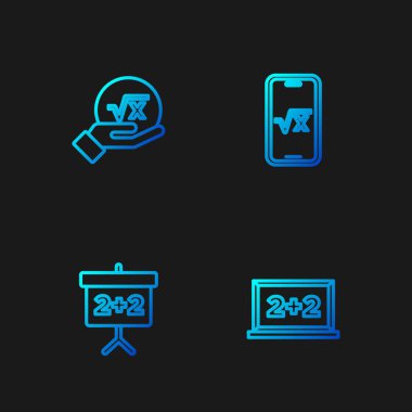 Set line Chalkboard, , Square root of x glyph and . Gradient color icons. Vector.
