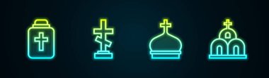 Set line Funeral urn, Grave with cross, Church tower and building. Glowing neon icon. Vector.