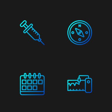 Set line Measuring instrument, Calendar, Syringe and Compass. Gradient color icons. Vector.