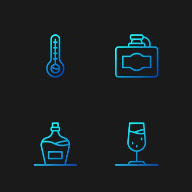 Set line Wine glass, Old bottle of wine, Meteorology thermometer and Cardboard box. Gradient color icons. Vector.