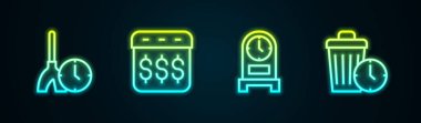 Set line Cleaning time Payday calendar with dollar Antique clock and Waste of. Glowing neon icon. Vector.
