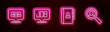 Set line Project team base Search job Resume and Magnifying glass for search. Glowing neon icon. Vector.