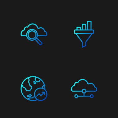 Set line Network cloud connection Financial growth Search computing and Sales funnel with chart. Gradient color icons. Vector.