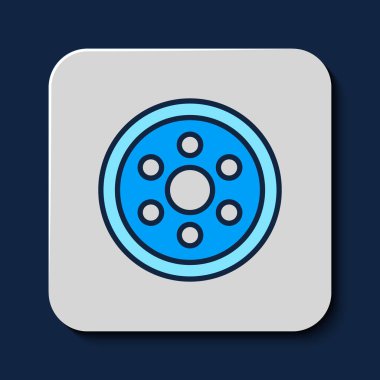 Filled outline Alloy wheel for a car icon isolated on blue background. Vector.