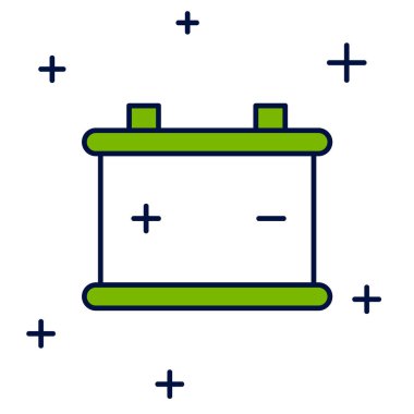 Doldurulmuş araba aküsü simgesi beyaz arka planda izole edilmiş. Akümülatör bataryası enerji ve elektrik akümülatörü bataryası. Vektör.