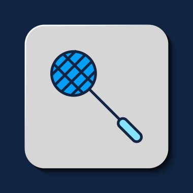 Filled outline Tennis racket icon isolated on blue background. Sport equipment. Vector.
