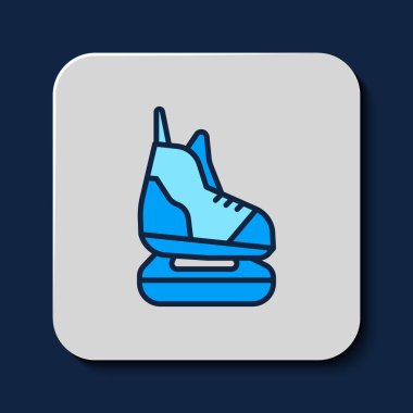 Doldurulmuş ana hatlı paten simgesi mavi arkaplanda izole edildi. Buz pateni ayakkabısı ikonu. Kılıçlı spor botlar. Vektör.