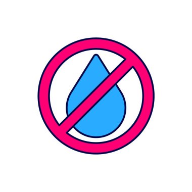 Beyaz arka planda izole edilmiş su damlası yasaklanmış ikon. Su işareti yok. Vektör.