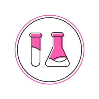 Ana hatları doldurulmuş test tüpü ve matara - beyaz arkaplanda izole edilmiş kimyasal laboratuvar ikonu. Laboratuvar cam levhası. Vektör.