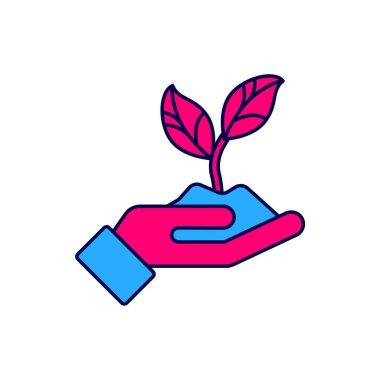 Filled outline Plant in hand of environmental protection icon isolated on white background. Seed and seedling. Planting sapling. Vector.