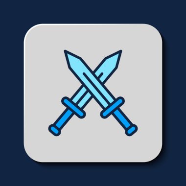 Mavi arka planda izole edilmiş orta çağ kılıç simgesi. Ortaçağ silahı. Vektör.