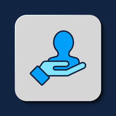 Mavi arka planda izole edilmiş bir insan simgesini aramak için çizilmiş El. İşe alım ya da seçim konsepti. Çalışanları ve işi ara. Vektör.