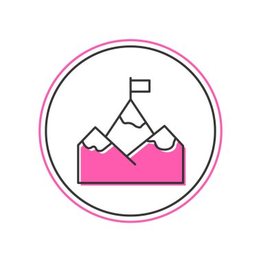 Filled outline Mountains with flag on top icon isolated on white background. Symbol of victory or success concept. Goal achievement. Vector.
