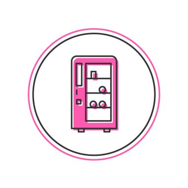 Yiyecek ve içecek otomatiğinin ana hatlarıyla doldurulmuş, beyaz arka planda izole edilmiş, otomatik satış simgesi. Vektör.