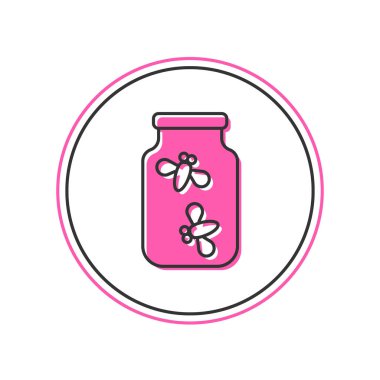 Beyaz arkaplanda izole edilmiş bir kavanoz ikonundaki Ateşböcekleri ana hatlarıyla dolu. Vektör.