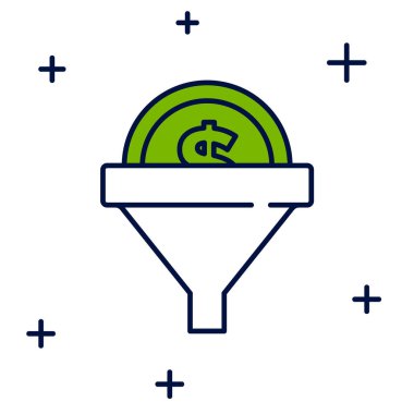 Doldurulmuş ana hat yönetim simgesi beyaz arkaplanda izole edildi. Paralı huni. Hedef müşteri iş konsepti. Vektör.