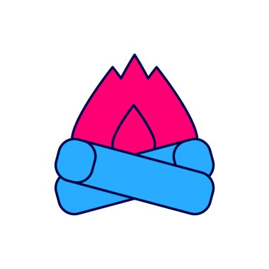 Kamp ateşi simgesi doldurulmuş, beyaz arka planda izole edilmiş. Odunla yanan şenlik ateşi. Vektör.