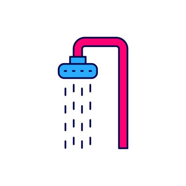 Ana hatlarıyla doldurulmuş duş başlığı beyaz arka planda izole edilmiş su damlalarıyla dolu. Vektör.