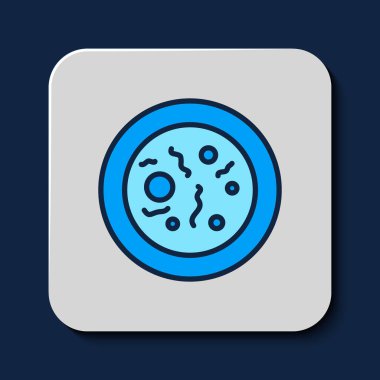 Mavi arka planda izole edilmiş bakteri simgesiyle kaplanmış Petri kabı. Vektör.