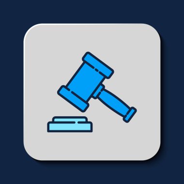Yargıç Tokmak 'ın mavi arka planda izole edilmiş ana hatlarıyla dolu. Gavel cezaların, faturaların, mahkemenin, adaletin hükmünü verecek. Açık arttırma çekici. Vektör.