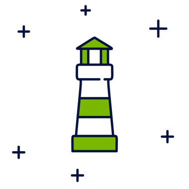 Beyaz arkaplanda izole edilmiş ana hatlı deniz feneri simgesi. Vektör.