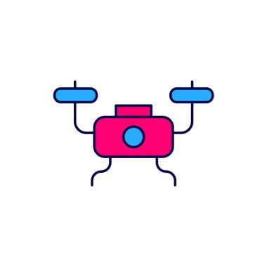 Uçan İHA ikonu beyaz arka planda izole edildi. Video ve fotoğraf makinesi sembollü dörtlü helikopter. Vektör.