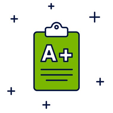 Sınav kağıdında beyaz arkaplanda A + dereceli simge izole edildi. Sınav kağıdı, sınav ya da araştırma konsepti. Sınav ya da sınav. Vektör.