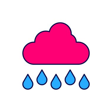 Beyaz arka planda izole edilmiş yağmur ikonu ile ana hatları doldurulmuş. Yağmur damlaları ile yağmur bulutu yağışı. Vektör.