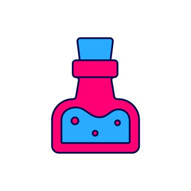 Beyaz arkaplanda izole edilmiş iksir ikonu ile ana hatları doldurulmuş. Sihirli iksirli matara. Mutlu Cadılar Bayramı Partisi. Vektör.